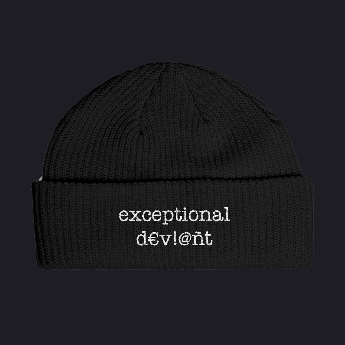 Black beanie with exceptional deviant embroidered on the cuff