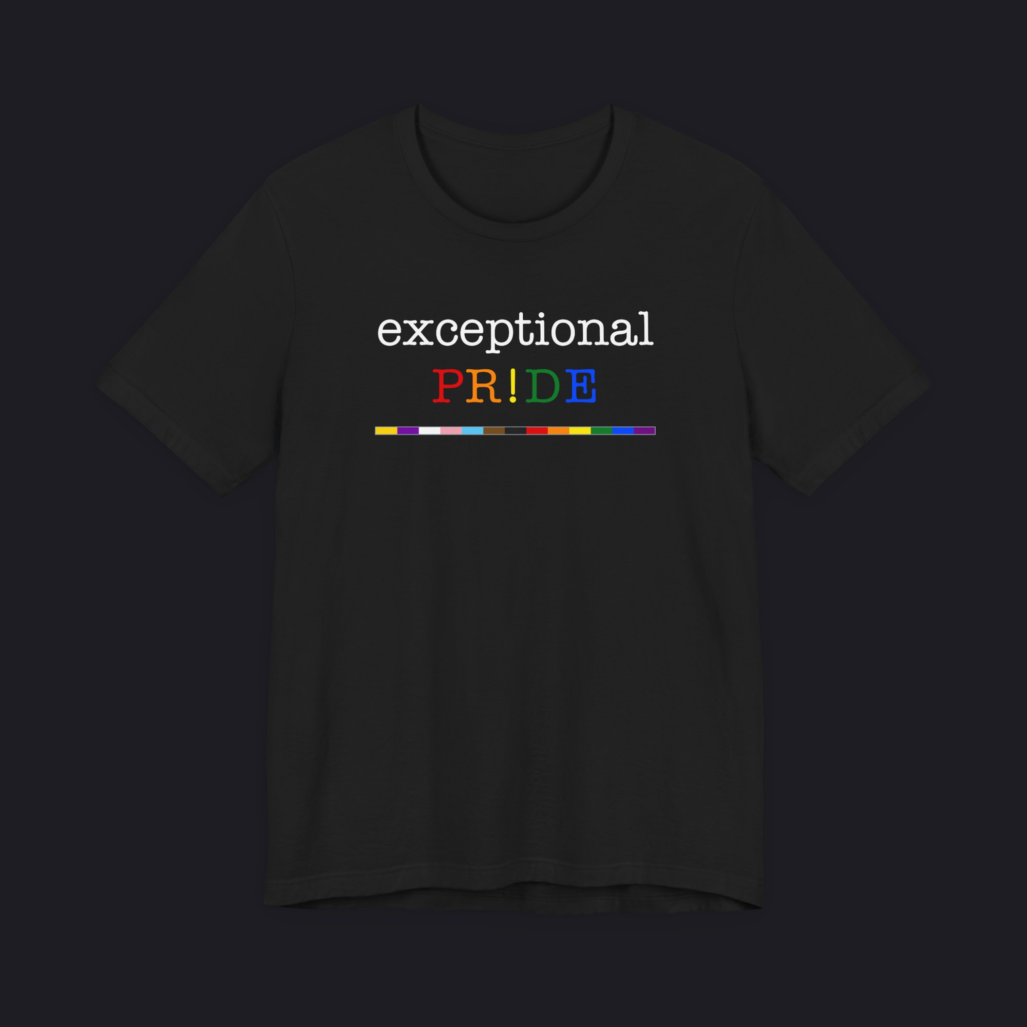 Black tee with exceptional PR!DE over a multicolor stripe